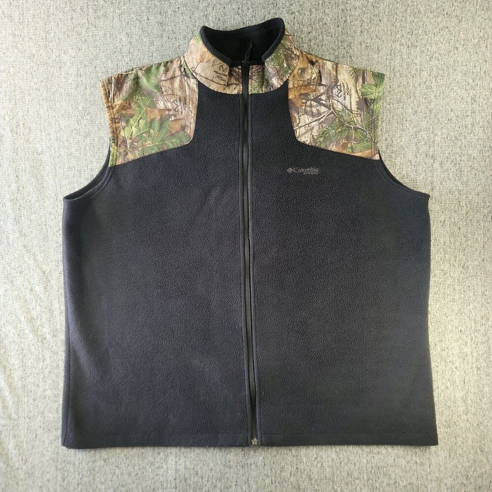 Columbia PHG Hunting Vest Mens 2XL Black Camo Fleece Omni-Heat Full Zip Vest